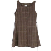Cute Plaid Vintage Pinafore Mini Dress 2 Pieces